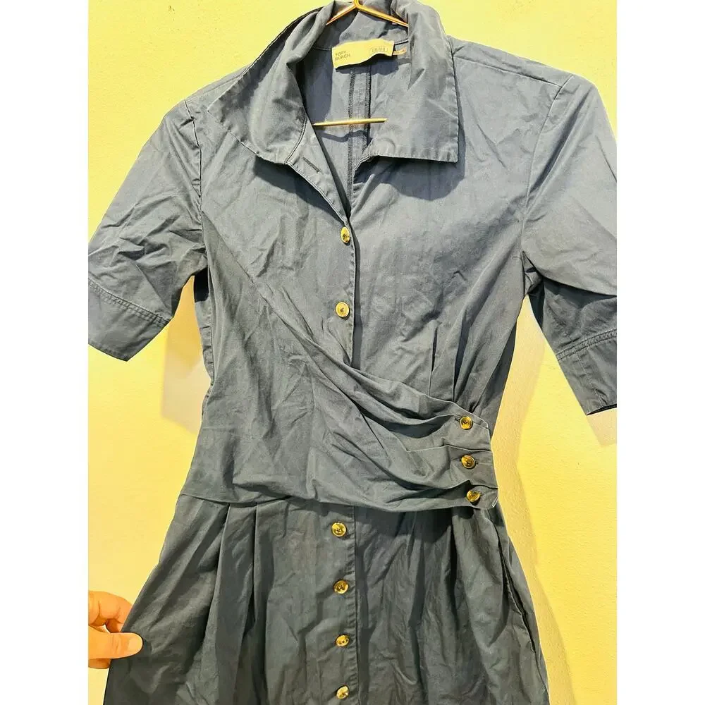 TORY BURCH Dark Blue 100% Cotton A-Line Short Sleeve Wrap Shirtdress Size 0